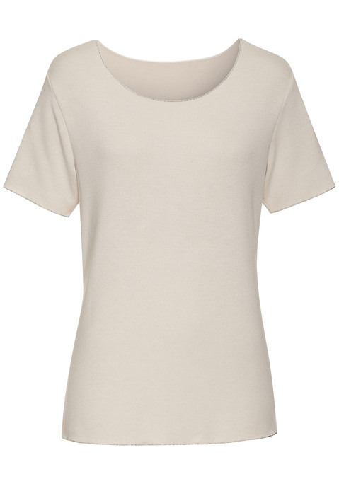 Bild: Rundhalsshirt von LASCANA: Unifarbenes T-Shirt von Lascana mit feiner Glitzerkante an Rundhalsausschnitt, Saum und Ärmelabschluss. Lockere Passform. Gut kombinierbar. Softes Material mit Viskose.