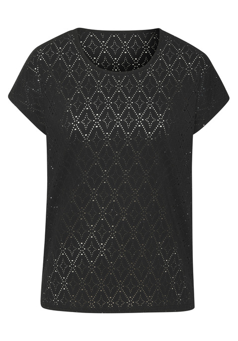 Bild: Rundhalsshirt von LASCANA: T-Shirt aus fein glitzerndem Ajourstrick von Lascana. Rundhalsausschnitt. Locker fallende Passform. Pflegeleichtes, elastisches Polyester.