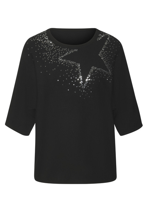 Bild: Rundhalsshirt von LASCANA: Halbarm-Shirt von Lascana. Sternförmig angeordnete Pailetten auf der Schulter. Rundhalsausschnitt. Locker fallende Passform. Hochwertiger, fließender Jersey mit Viskose aus verbesserter Rohstoffbeschaffung.