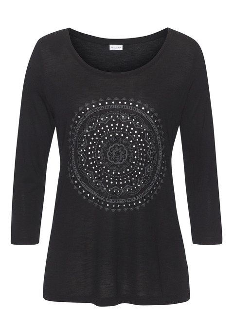 Bild: Rundhalsshirt von LASCANA: Rundhalsshirt mit glänzendem Frontdruck von LASCANA.  Mit 3/4-Ärmeln und in figurumspielender Passform. Aus fein strukturierter Viskoseware. Gesamtlänge ca. 65cm.