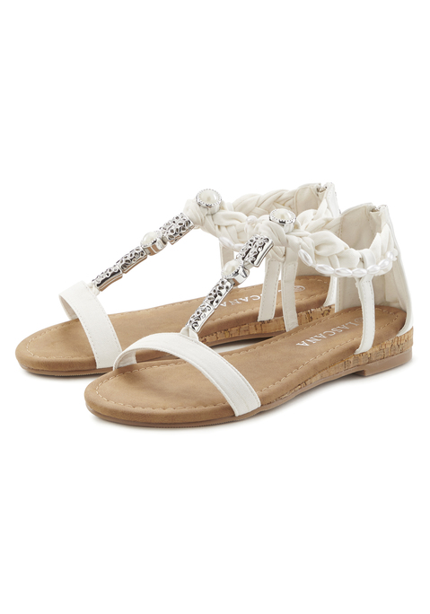Bild: Sandale von LASCANA: Sandale mit Schmuckelementen VEGAN von LASCANA. Obermaterial aus einem Materialmix aus Synthetik und Textil. Futter und Decksohle aus Lederimitat. Laufsohle aus Synthetik.