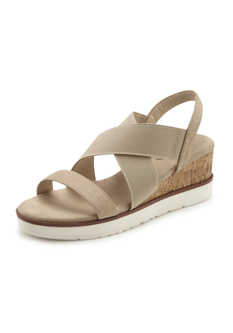 Bild: Sandalette von LASCANA: Sandalette mit Keilabsatz und elastischen Riemen VEGAN von LASCANA. Absatzhöhe ca. 6 cm. Obermaterial aus Textil. Futter aus Lederimitat. Decksohle aus Textil. Laufsohle aus Synthetik.