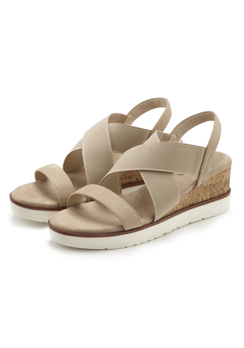 Bild: Sandalette von LASCANA: Sandalette mit Keilabsatz und elastischen Riemen VEGAN von LASCANA. Absatzhöhe ca. 6 cm. Obermaterial aus Textil. Futter aus Lederimitat. Decksohle aus Textil. Laufsohle aus Synthetik.