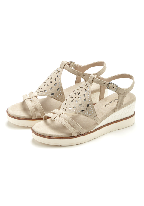 Bild: Sandalette von LASCANA: Sandalette mit Keilabsatz VEGAN von LASCANA. Absatzhöhe ca. 6,5 cm. Obermaterial aus Microfaser. Futter aus Lederimitat. Decksohle aus Microfaser. Laufsohle aus Synthetik.