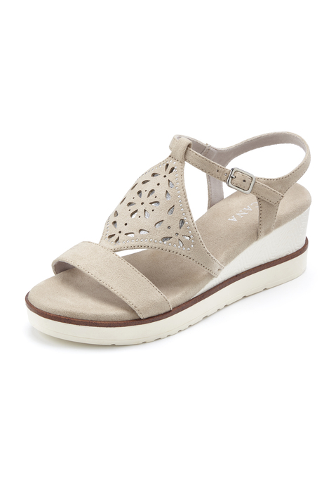 Bild: Sandalette von LASCANA: Sandalette mit Keilabsatz VEGAN von LASCANA. Absatzhöhe ca. 6,5 cm. Obermaterial aus Microfaser. Futter aus Lederimitat. Decksohle aus Microfaser. Laufsohle aus Synthetik.