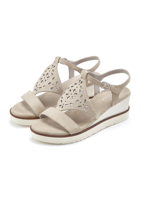 Bild: Sandalette von LASCANA: Sandalette mit Keilabsatz VEGAN von LASCANA. Absatzhöhe ca. 6,5 cm. Obermaterial aus Microfaser. Futter aus Lederimitat. Decksohle aus Microfaser. Laufsohle aus Synthetik.