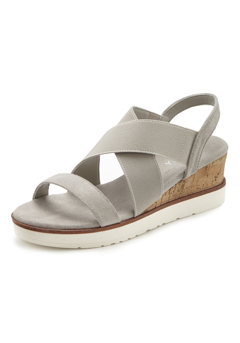 Bild: Sandalette von LASCANA: Sandalette mit Keilabsatz und elastischen Riemen VEGAN von LASCANA. Absatzhöhe ca. 6 cm. Obermaterial aus Textil. Futter aus Lederimitat. Decksohle aus Textil. Laufsohle aus Synthetik.