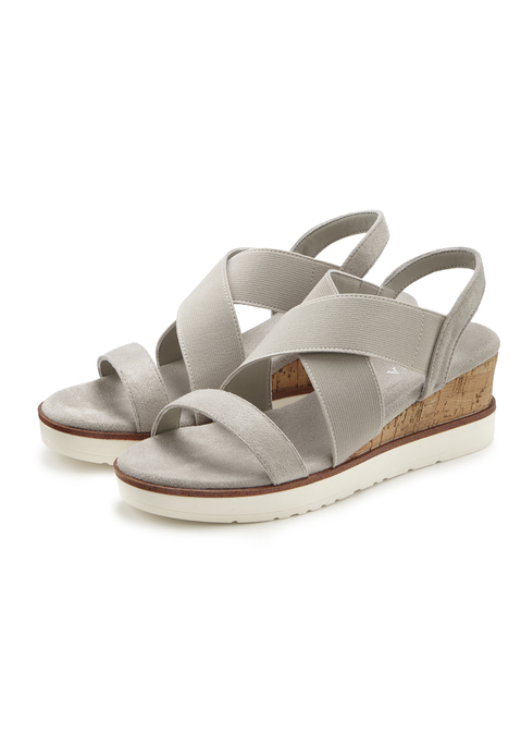 Bild: Sandalette von LASCANA: Sandalette mit Keilabsatz und elastischen Riemen VEGAN von LASCANA. Absatzhöhe ca. 6 cm. Obermaterial aus Textil. Futter aus Lederimitat. Decksohle aus Textil. Laufsohle aus Synthetik.