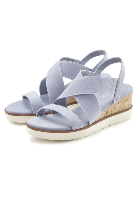 Bild: Sandalette von LASCANA: Sandalette mit Keilabsatz und elastischen Riemen VEGAN von LASCANA. Absatzhöhe ca. 6 cm. Obermaterial aus Textil. Futter aus Lederimitat. Decksohle aus Textil. Laufsohle aus Synthetik.