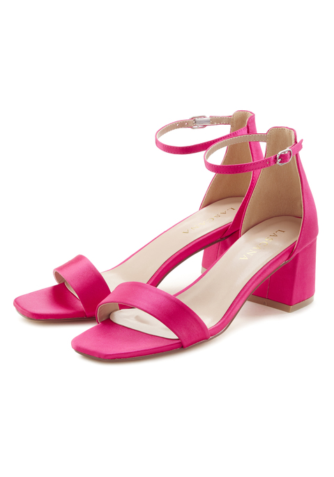 Bild: Sandalette von LASCANA: Sandalette mit Blockabsatz VEGAN von LASCANA. Absatzhöhe ca. 5,5 cm. Obermaterial aus Textil. Futter und Decksohle aus Lederimitat. Laufsohle aus Synthetik.