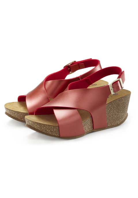 Bild: Sandalette von LASCANA: Sandalette mit Keilabsatz und Korkfußbett von LASCANA. Made in Spain. Mit ergonomisch geformtem Korkfußbett. Mit modischem Keilabsatz von 6,5 cm. Obermaterial aus Lederimitat, Futter aus Textil, Decksohle aus Rindsleder, Laufsohle aus Synthetik.