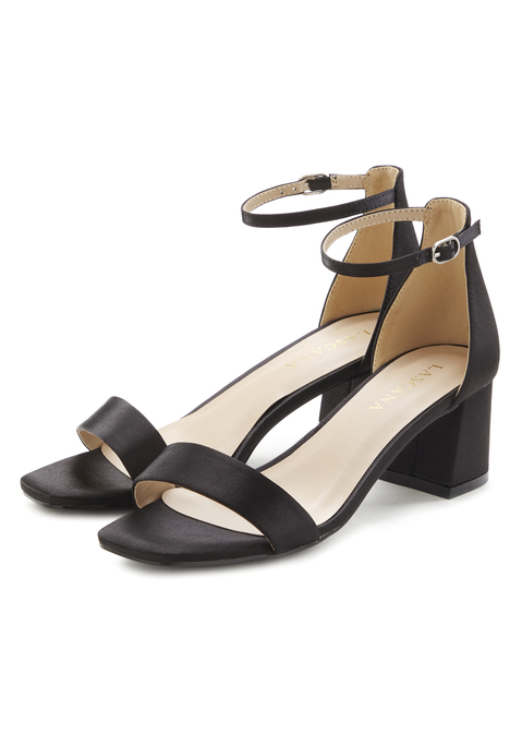 Bild: Sandalette von LASCANA: Sandalette mit Blockabsatz VEGAN von LASCANA. Absatzhöhe ca. 5,5 cm. Obermaterial aus Textil. Futter und Decksohle aus Lederimitat. Laufsohle aus Synthetik.