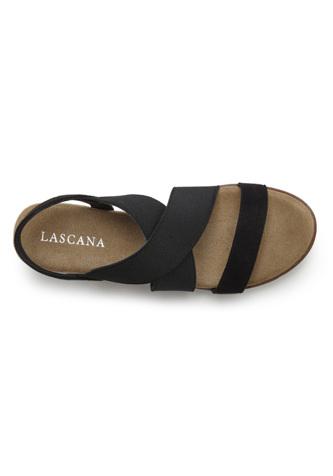 Bild: Sandalette von LASCANA: Sandalette mit Keilabsatz und elastischen Riemen VEGAN von LASCANA. Absatzhöhe ca. 6 cm. Obermaterial aus Textil. Futter aus Lederimitat. Decksohle aus Textil. Laufsohle aus Synthetik.
