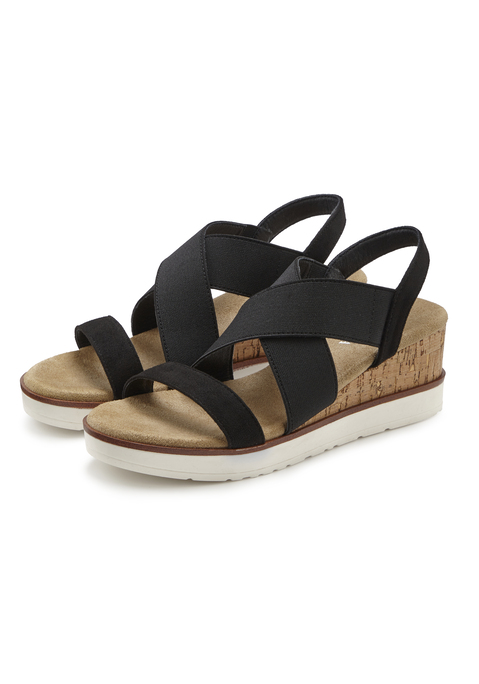 Bild: Sandalette von LASCANA: Sandalette mit Keilabsatz und elastischen Riemen VEGAN von LASCANA. Absatzhöhe ca. 6 cm. Obermaterial aus Textil. Futter aus Lederimitat. Decksohle aus Textil. Laufsohle aus Synthetik.