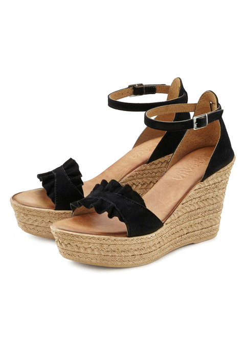Bild: Sandalette von LASCANA: Sandalette aus Leder mit Keilabsatz von LASCANA. Made in Italy. Absatzhöhe ca. 9,5 cm. Obermaterial und Futter aus Ziegenleder und Rindsleder. Decksohle aus Rindsleder. Laufsohle aus Synthetik.
