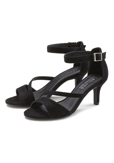 Bild: Sandalette von LASCANA: Sandalette mit geprägtem Riemen VEGAN von LASCANA. Absatzhöhe ca. 7 cm. Obermaterial und Futter aus Velourslederimitat. Decksohle aus Lederimitat. Laufsohle aus Synthetik.