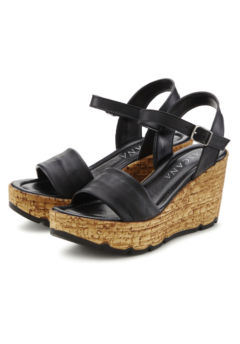 Bild: Sandalette von LASCANA: Keilabsatz-Sandalette von Lascana. Breiter Steg über den Zehen, schmaler, verstellbarer Riemen am Knöchel. Obermaterial aus Schafsleder. Futter aus Synthetik. Decksohle aus Lederimitat. Laufsohle aus Synthetik.