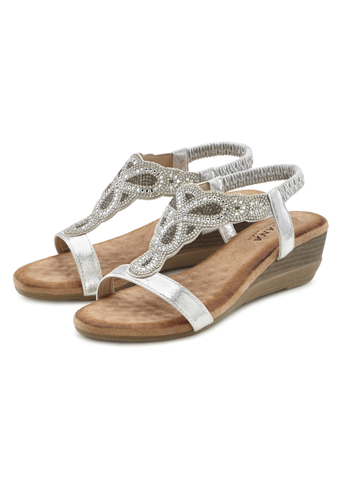 Bild: Sandalette von LASCANA: Sandalette mit Keilabsatz und Glitzer-Steinchen VEGAN von LASCANA. Obermaterial aus Lederimitat und Textil. Futter und Decksohle aus Textil. Laufsohle aus Synthetik.