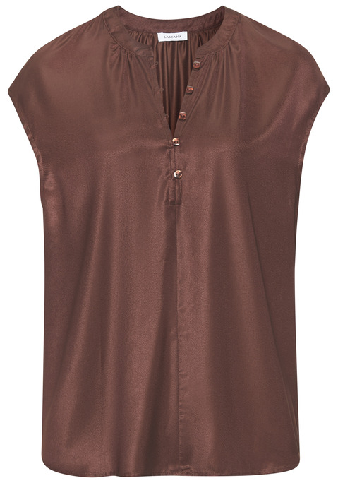 Bild: Satinbluse von LASCANA: Blusenshirt von Lascana. Runder Halsausschnitt mit Blende und halber Knopfleiste. Kurze, angeschnittene Ärmel. Gerader Saumabschluss vorn, hinten leicht gerundet. Leicht glänzende Satinqualität.