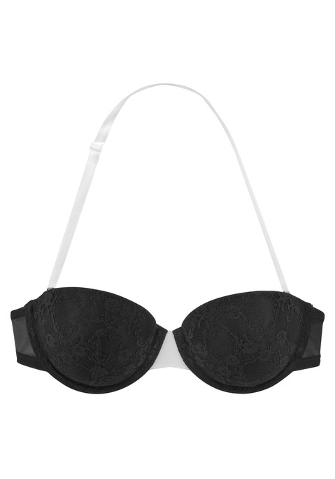 Bild: Schalen-BH von LASCANA: Mit transparentem Rücken für tiefe Rückenausschnitte. Die Cups sind sind leicht wattiert und mit hübscher Spitze in floraler Optik überzogen Der BH ist aus 54% Polyester, 40% Polyamid, 6% Elasthan. BHs sind nicht trocknergeeignet, da die Versteller und Ringe durch die Hitze beschädigt werden und brechen.