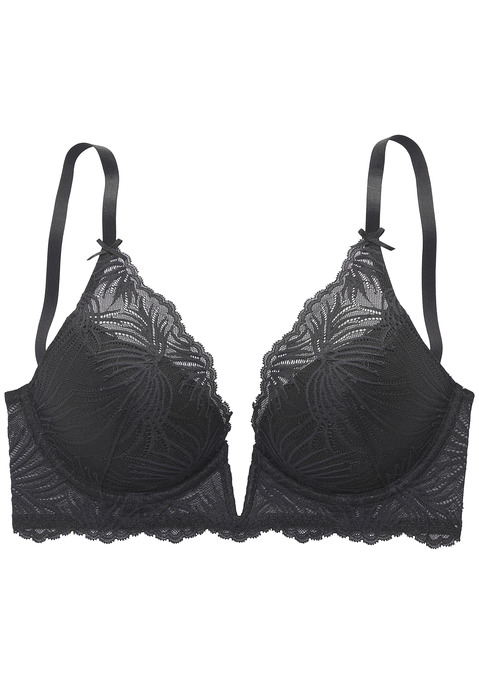 Bild: Schalen-BH von LASCANA: Nahtlos vorgeformte Cups, High-Apex Schnittform mit Spitze auf den Cups und entlang der Träger vorn, mit tiefem Ausschnitt und dekorativem V-Bügel vorne mittig.  Träger und Rückenverschluss verstellbar. Reizwäsche. Verführerische Dessous. Spitzen-Dessous. Romantische Dessous. Verspielte Dessous. Sexy Dessous. Aus 60% Polyamid, 35% Polyester, 5% Elasthan.
