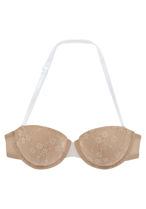 Bild: Schalen-BH von LASCANA: Mit transparentem Rücken für tiefe Rückenausschnitte. Die Cups sind sind leicht wattiert und mit hübscher Spitze in floraler Optik überzogen Der BH ist aus 54% Polyester, 40% Polyamid, 6% Elasthan. BHs sind nicht trocknergeeignet, da die Versteller und Ringe durch die Hitze beschädigt werden und brechen.