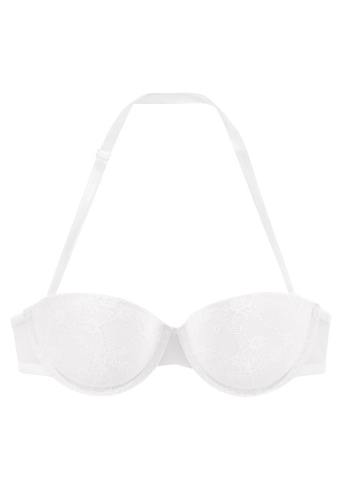 Bild: Schalen-BH von LASCANA: Mit transparentem Rücken für tiefe Rückenausschnitte. Die Cups sind sind leicht wattiert und mit hübscher Spitze in floraler Optik überzogen Der BH ist aus 54% Polyester, 40% Polyamid, 6% Elasthan. BHs sind nicht trocknergeeignet, da die Versteller und Ringe durch die Hitze beschädigt werden und brechen.