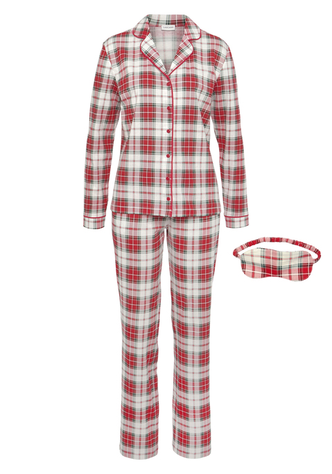 Bild: Schlafanzug von LASCANA: Klassischer Pyjama im Karo-Look. Mit passender Schlafmaske. Aus 100% Baumwolle.