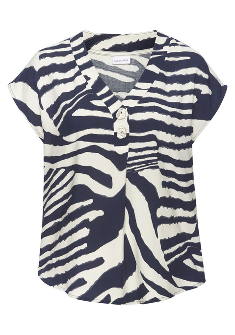 Bild: Schlupfbluse von LASCANA: Kurzarmbluse von Lascana. V-Ausschnitt mit Knopfleiste.  Leicht abgerundeter Saum. Bedruckt mit grafischem Alloverprint. Figurumschmeichelnder Schnitt. Trageangenehme Viskose-Qualität.