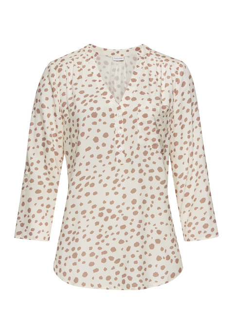 Bild: Schlupfbluse von LASCANA: Bluse von Lascana mit Allovermuster. Krempelbare 3/4-Ärmel mit Knopfriegel. Spatenausschnitt mit kurzer Knopfleiste. Aufgesetzte Brusttasche. Abgerundeter Blusensaum. Leicht taillierte Passform. Webware aus Viskose.