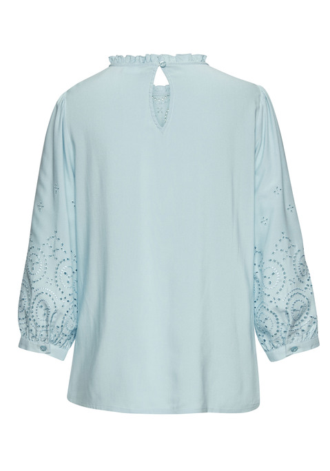 Bild: Schlupfbluse von LASCANA: Schlupfbluse mit Lochstickerei und geradem Saumabschluss. Hoher Kragen mit Rüschenkante. Schlitz und Knopfverschluss im Nacken. Lange Ärmel mit Manschette. Gerader Saumabschluss. Leichte Webware aus weicher Viskose für ein angenehmes Tragegefühl.