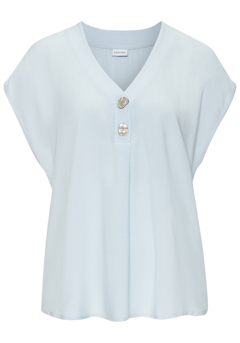 Bild: Schlupfbluse von LASCANA: Bluse von Lascana. V-Ausschnitt mit 2 Knöpfen. Kurze Ärmel. Abgerundeter Saumabschluss. Länge ca. 62 cm. 100% Viskose aus verbesserter Rohstoffbeschaffung.
