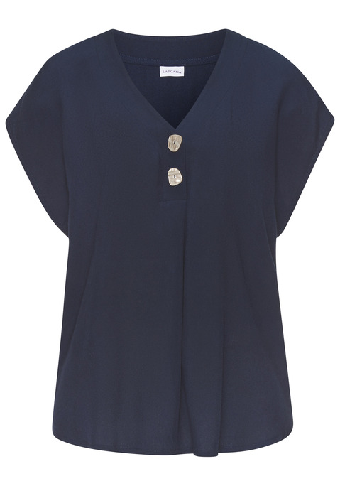 Bild: Schlupfbluse von LASCANA: Bluse von Lascana. V-Ausschnitt mit 2 Knöpfen. Kurze Ärmel. Abgerundeter Saumabschluss. Länge ca. 62 cm. 100% Viskose aus verbesserter Rohstoffbeschaffung.