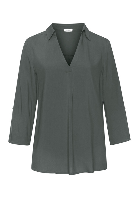 Bild: Schlupfbluse von LASCANA: Bluse von Lascana. Spatenausschnitt mit Hemdblusenkragen. Krempelbare 3/4-Ärmel mit Knopfriegel. Rückenpasse und Quetschfalte. Gerundeter Saum. Gerade Passform. Leichte Viskoseware.