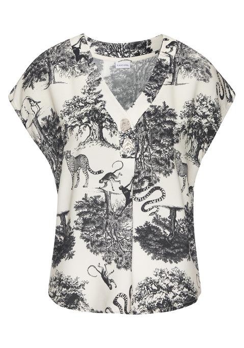 Bild: Schlupfbluse von LASCANA: Allover bedruckte Kurzarmbluse von Lascana, jedes teil ein Unikat. V-Ausschnitt. Modische Knöpfe. Perfekt für die Freizeit und warme Tage. Weich fließende Viskose-Qualität.