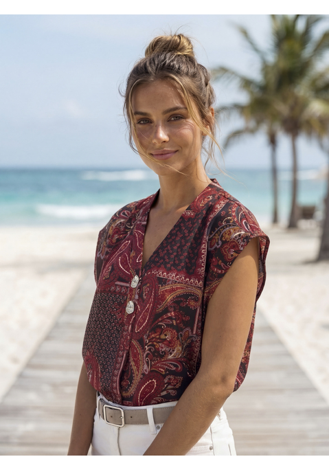 Bild: Schlupfbluse von LASCANA: Bluse von Lascana. Spannendes Paisleymuster und modisch große Knöpfe. Nahtlos angesetzte, kurze Kimonoärmel. V-Ausschnitt. Abgerundeter Saum. Gerader Schnitt. Jedes Teil ein Unikat. Glatte Viskosequalität.