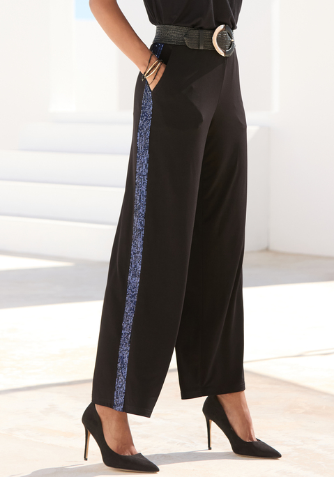 Bild: Schlupfhose von LASCANA: Elegante Jerseyhose von Lascana mit breitem Pailettenstreifen seitlich. Weite Passform. Praktische Eingrifftaschen. Perfekt zur passenden Jacke. Elastische Jerseyware.
