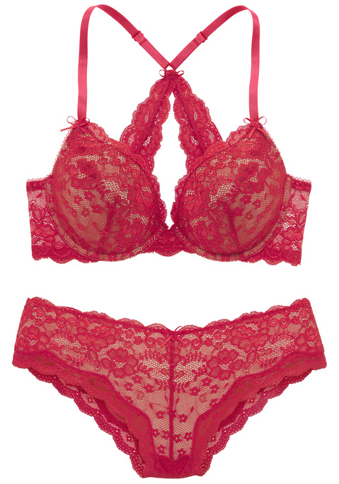 Bild: Set: Push-up-BH von LASCANA: Sett Push-up-BH mit Panty. Cups bezogen mit Spitze. Mit fest integrierten Kissen für ein tolles Dekolleté. Farbe Weiß mit roséfarbenen Schleifen und Schnüroptik. Dekorative Rückenlösung. Träger und Rückenverschluss verstellbar. Panty aus Spitze, vorne unterlegt, hinten mit Netzeinsatz und sexy Schnüroptik. Mit Baumwollzwickel.Reizwäsche. Verführerische Dessous. Spitzen-Dessous. Romantische Dessous. Verspielte Dessous. Der Push-up-BH ist aus 90% Polyamid, 10% Elasthan. Panty aus 90% Polyamid, 10% Elasthan. BHs sind nicht trocknergeeignet, da die Versteller und Ringe durch die Hitze beschädigt werden und brechen.
