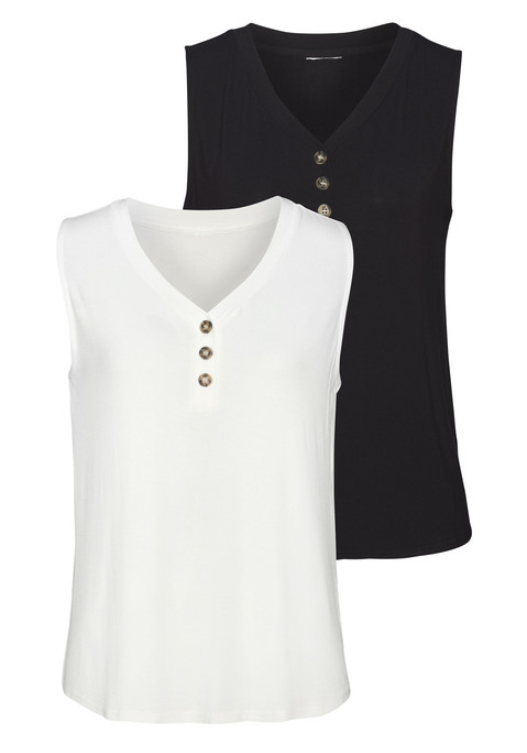 Bild: Shirttop von LASCANA: Top von Lascana im Doppelpack. V-Ausschnitt mit Zierknopfleiste. Knöpfe in Hornoptik. Dezenter Rundsaum. Leicht taillierte Passform. Weicher, elastischer Viskosejersey.