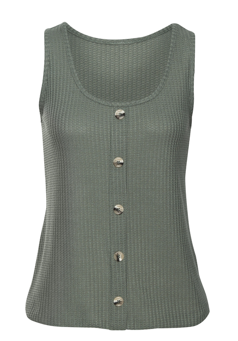 Bild: Trägertop von LASCANA: Leichtes Tanktop von Lascana mit tiefem Rundhalsausschnitt. Modische Zierknopfleiste und Knöpfe in Hornoptik. Figurnah geschnitten. Aus weicher Piqué-Qualität mit recyceltem Polyester.