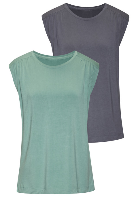 Bild: Shirttop von LASCANA: Top von Lascana im praktischen 2er-Pack. Vorverlegte Schulternähte mit dezenter Raffung. Rundhalsausschnitt mit Piping. Figurumspielend geschnitten. Viskosemix mit weichem Griff.