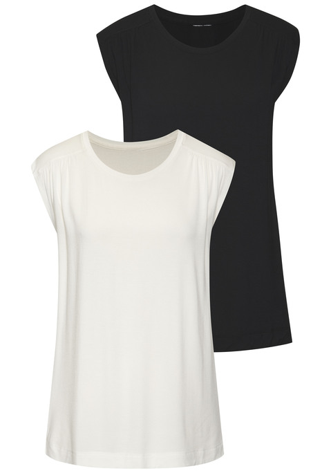 Bild: Shirttop von LASCANA: Top von Lascana im praktischen 2er-Pack. Vorverlegte Schulternähte mit dezenter Raffung. Rundhalsausschnitt mit Piping. Figurumspielend geschnitten. Viskosemix mit weichem Griff.