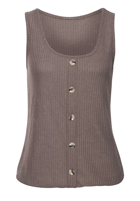 Bild: Trägertop von LASCANA: Leichtes Tanktop von Lascana mit tiefem Rundhalsausschnitt. Modische Zierknopfleiste und Knöpfe in Hornoptik. Figurnah geschnitten. Aus weicher Piqué-Qualität mit recyceltem Polyester.