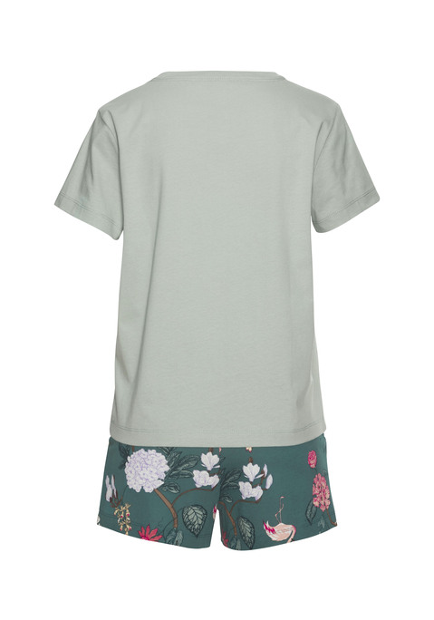 Bild: Shorty von LASCANA: Schlichtes T-Shirt mit tiefem Rundhalsausschnitt. Shorts mit schönem Blumenmuster und Tunnelzugbund. Angenehme Qualität aus 50% Baumwolle, 50% Viskose.