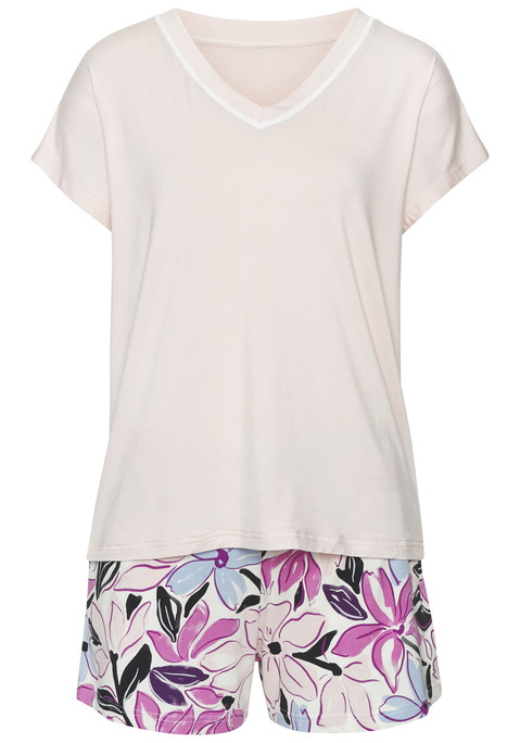 Bild: Shorty von LASCANA: Shorty von Lascana. Unifarbenes T-Shirt mit Kontrastpaspel am V-Ausschnitt. Floral bedruckte Shorts mit Gummizugbund. Trageangenehme, weiche Viskosemischung.