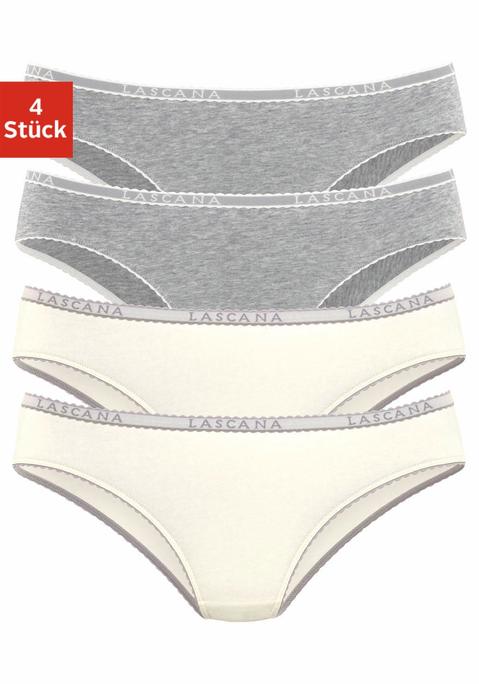 Bild: Slip von LASCANA: Bequeme Slips im praktischen 4er-Pack von Lascana. Weiches Logobündchen und Beinausschnitte mit kontrastfarbener Muschelborte. Aus trageangenehmer, elastischer Baumwolle.