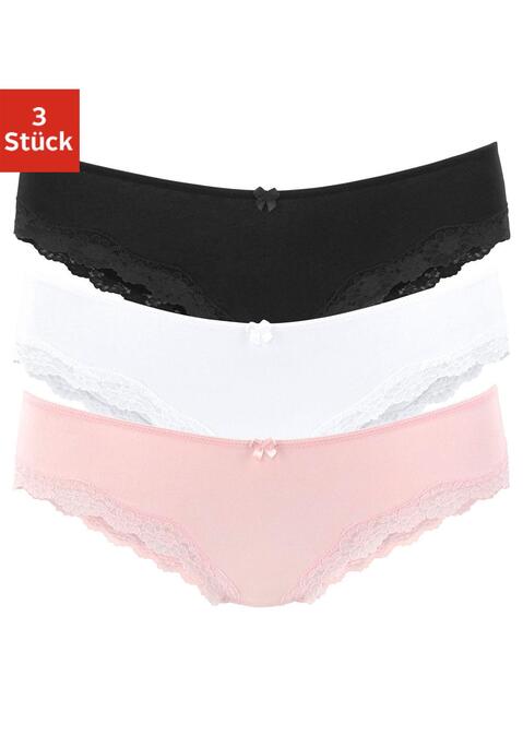 Bild: Slip von LASCANA: Lascana Bikinislips im 3er-Pack. Mit kleiner Zierschleife vorn. Zarte Spitze am Beinausschnitt. Aus weicher Baumwoll-Stretch-Qualität.