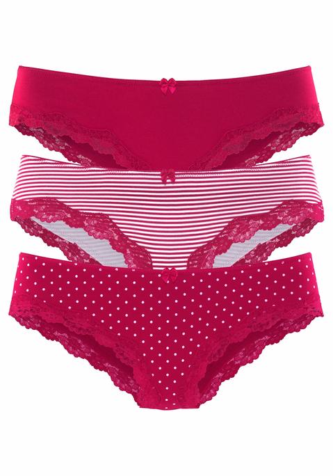 Bild: Slip von LASCANA: Lascana Bikinislips im 3er-Pack. Mit kleiner Zierschleife vorn. Zarte Spitze am Beinausschnitt. Aus weicher Baumwoll-Stretch-Qualität.