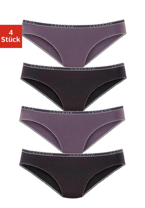 Bild: Slip von LASCANA: Bequeme Slips im praktischen 4er-Pack von Lascana. Weiches Logobündchen und Beinausschnitte mit kontrastfarbener Muschelborte. Aus trageangenehmer, elastischer Baumwolle.