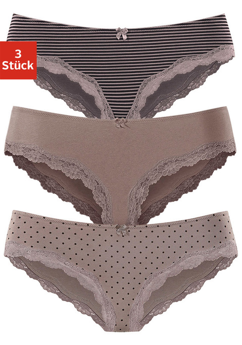 Bild: Slip von LASCANA: Lascana Bikinislips im 3er-Pack. Mit kleiner Zierschleife vorn. Zarte Spitze am Beinausschnitt. Aus weicher Baumwoll-Stretch-Qualität.